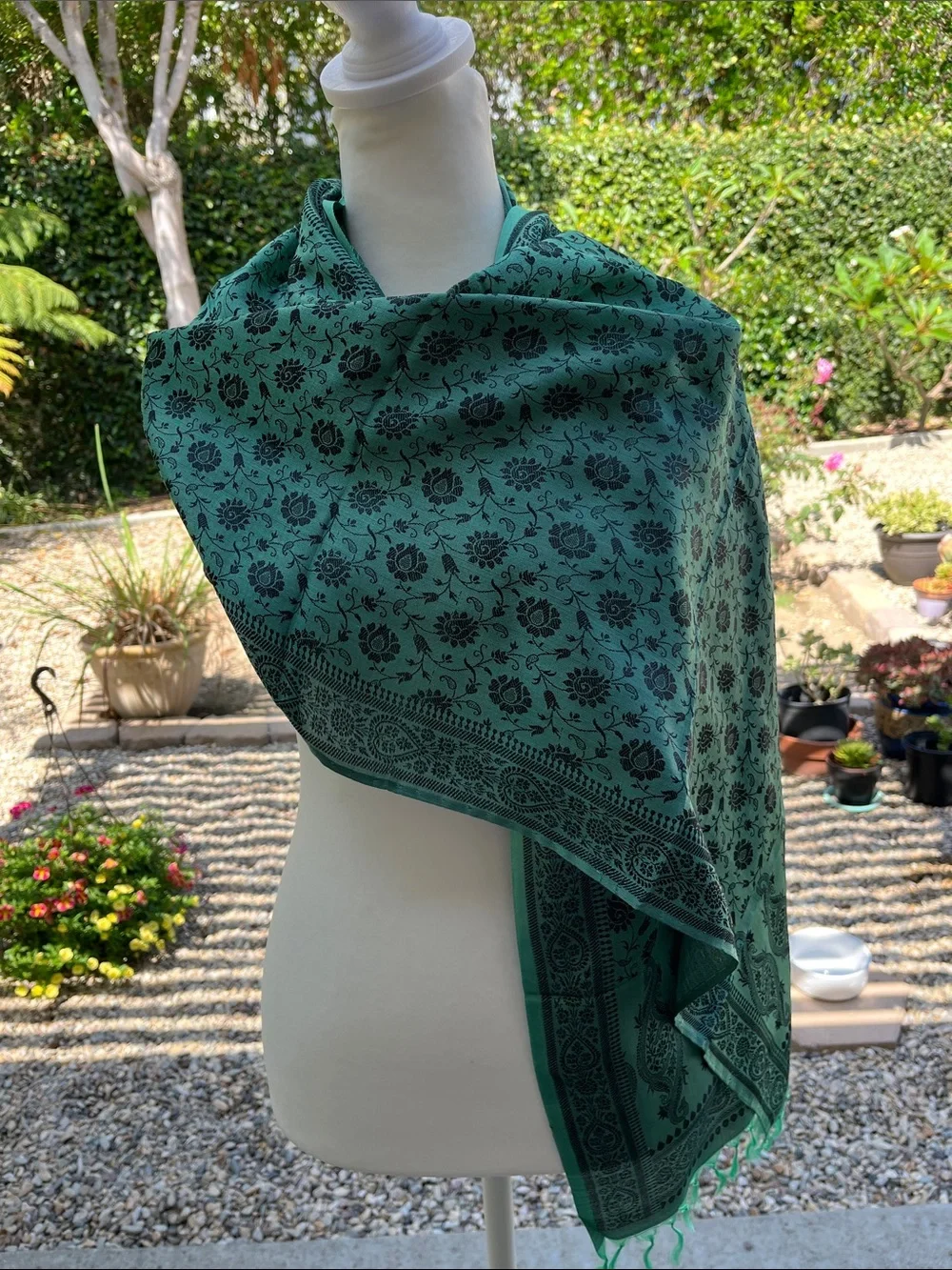 NWOT Silk India Teal Wrap Scarf Flowy with Fringe